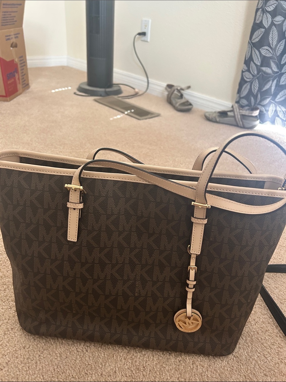 Michael Kors Dark Brown MK Logo Tote with Gold Charm